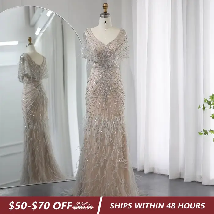 Sharon Said-Robe de Soirée Sirène Luxueuse en Plumes de Dubaï pour Femme, Tenue Personnalisée avec Manches Cape, pour ixde Mariage, SS210