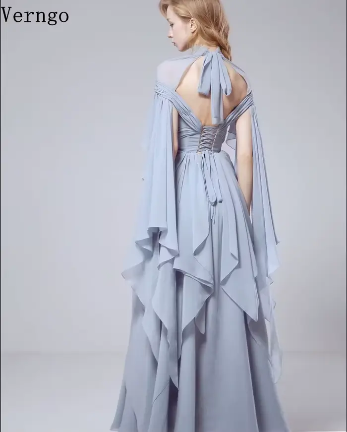 Robe de soirée en mousseline de soie bleue Verngo