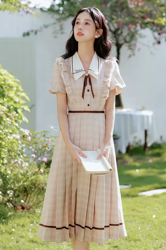 Robe à carreaux Style Preppy anglais pour femme, Vintage, avec nœud doux, col rabattu, manches bouff