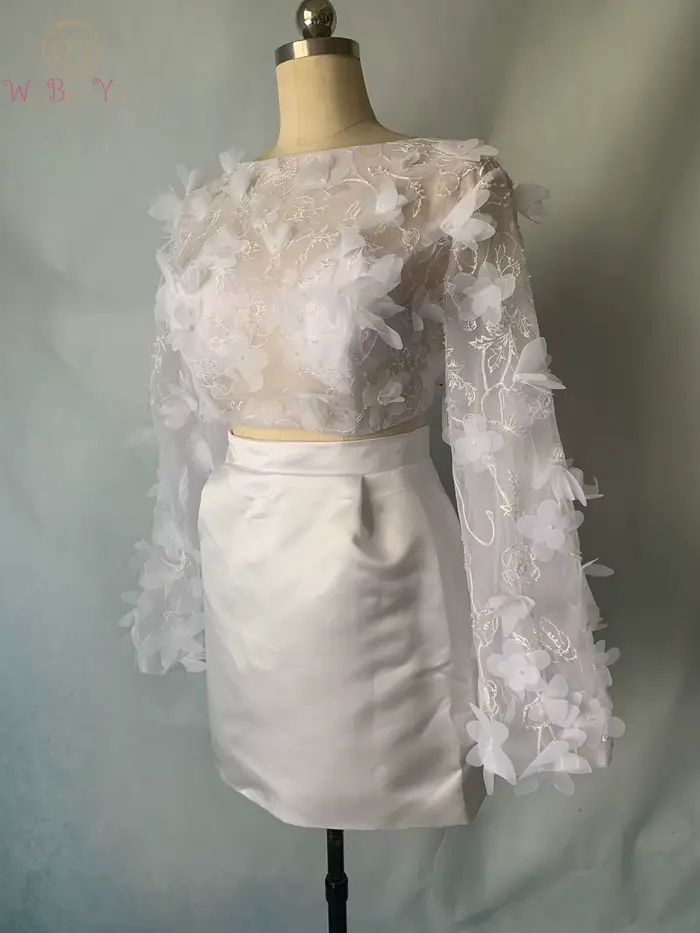 Robe De mariée courte faite à la main fleurs 3D dentelle manches longues robes
