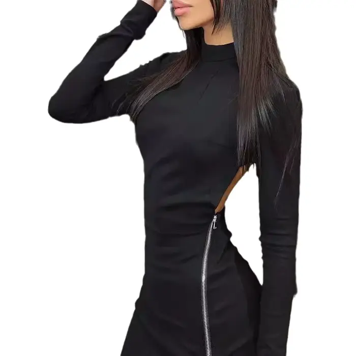 Robe fourreau femmes Sexy robes à manches longues mince côté fermeture éclair fendu dos nu haute rue printemps été robes courtes