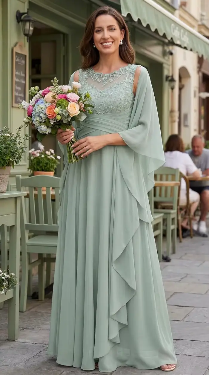 Robe en mousseline de soie longue avec châle et appliques en dentelle pour la mère de la mariée occasions spéciales élégance et sophistication