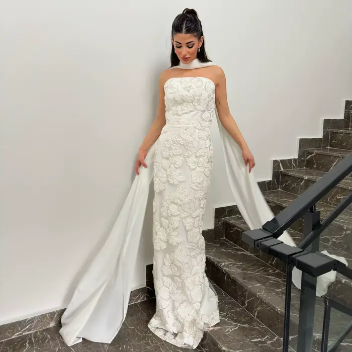 Robes de soirée sirène blanches pour femmes, robes de bal sans manches en dentelle imprimée florale,