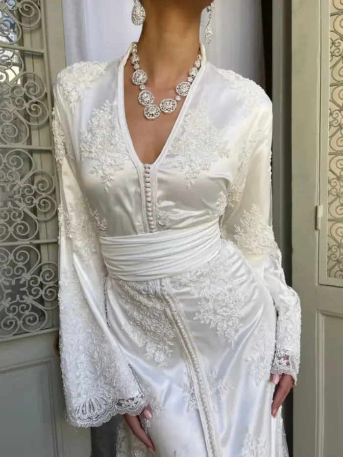 Kaftan marocain blanc, robes de soirée musulmanes