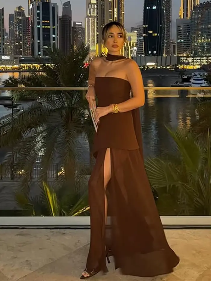 Élégant robe longue sans bretelles femmes Sexy Patchwork maille sans manches Sacrf robes femme 2025 printemps