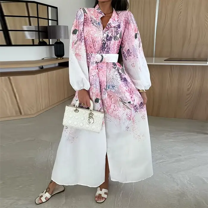 Robes d'été et de printemps pour femmes, robe longue à imprimé tendance, manches lanternes, taille h