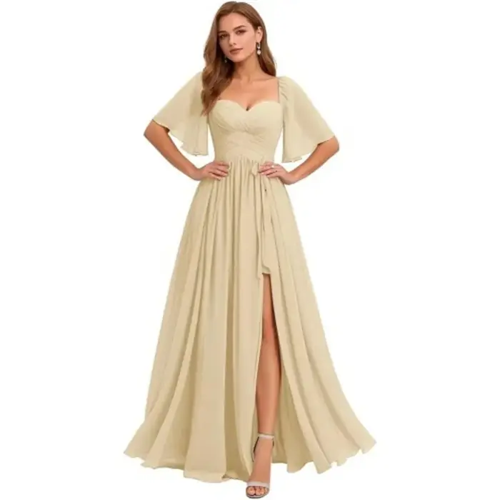 Une ligne à manches courtes en mousseline de soie robes de demoiselle d'honneur une épaule fente plissée élégante fête de mariage formelle bal soirée à lacets dos