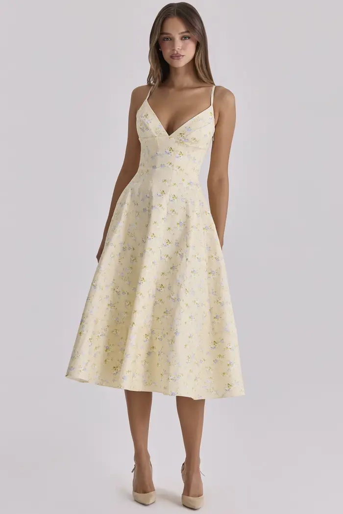 Suninbox Robe midi décontractée d'été à imprimé floral, col en V, dos lacé, coupe trapèze, pour femm
