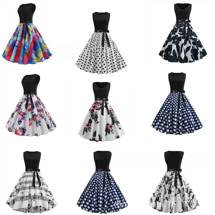 Robe midi sans manches motif floral 3D et pois style vintage frais col rond grande taille occaions spéciales femmes été