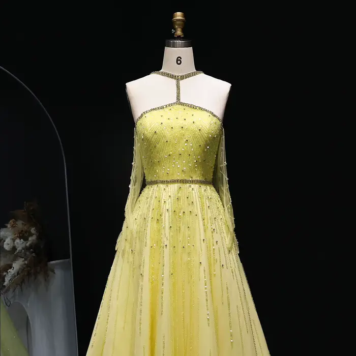 Robe de soirée de luxe jaune perlée et scintillante Sharon Said