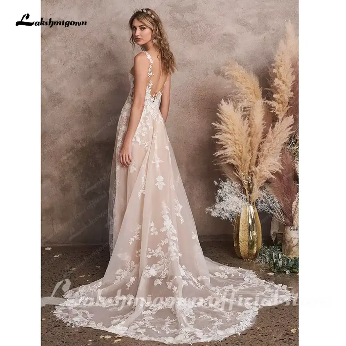 Lakshmigown Champagne a-ligne robes de mariée Appliques col en v dos nu Robe Mariee Boho dentelle ro