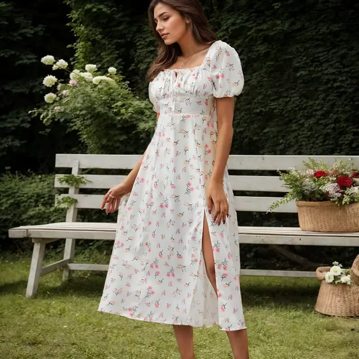 Robe trapèze fendue à manches bouffantes et imprimé floral pour femmes