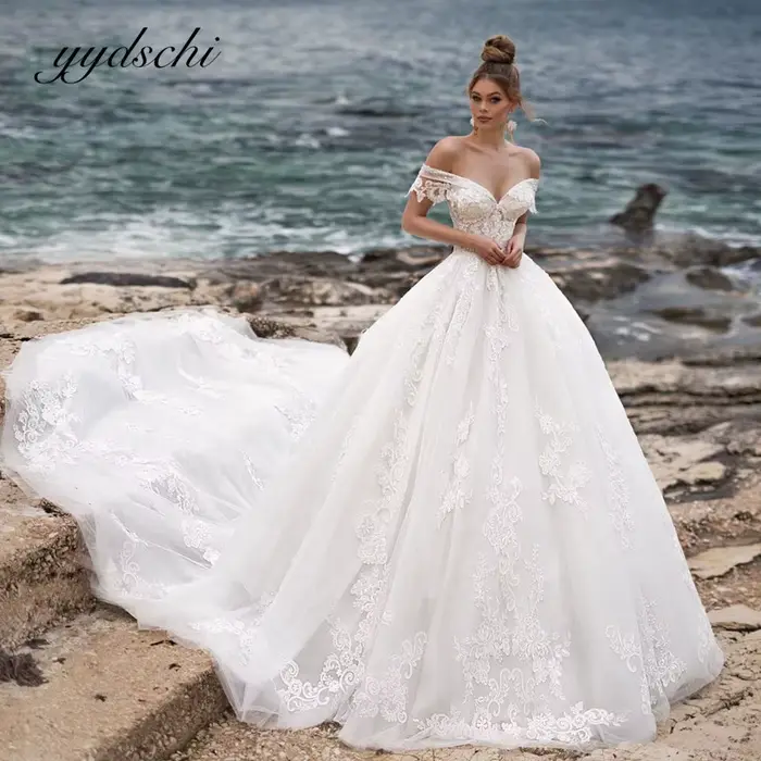 Robe de mariée blanche exquise avec train court, épaules dénudées, col en V, en tulle, appliques et sequins pour femmes occasions spéciales