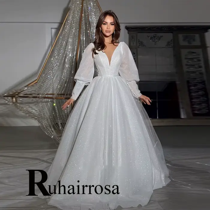 Ruhair Robe De mariée modeste pour mariée a-ligne col en v à lacets manches bouffantes Court Train R