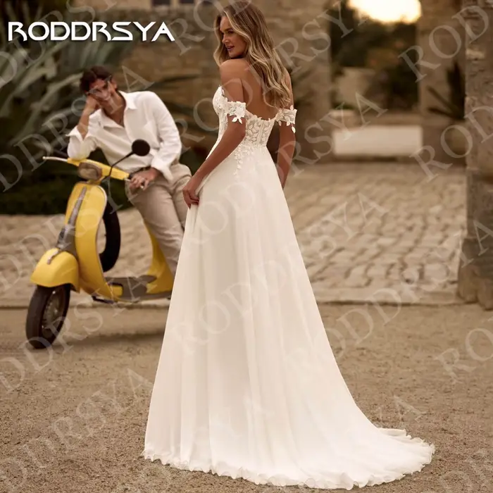 RODDRSYA bohème une ligne robe de mariée dentelle mousseline de soie femme romantique Appliques épaules nues haute
