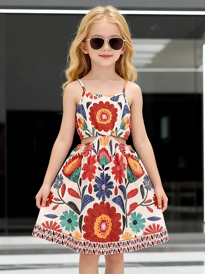 Robe d'été florale tendance pour filles, robe trapèze à bretelles avec imprimé de grandes fleurs col
