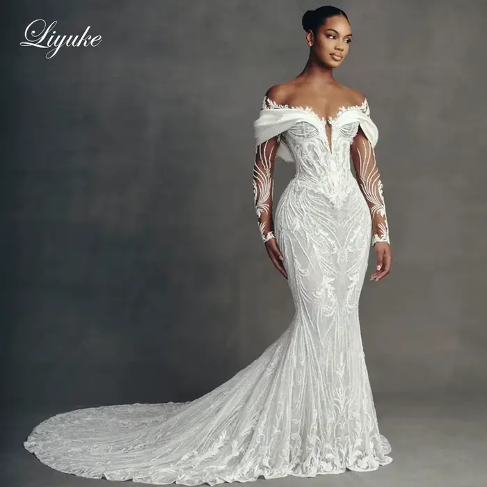 Liyuke sur mesure luxe broderie sirène robes De mariée Robe De mariage Train amovible 2 en 1 dentelle trompette