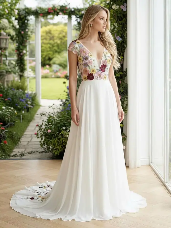 Robe de mariée bohème chic personnalisée en polyester avec broderies florales colorées, train de balayage/brosse, col en V et soutien-gorge intégré pour femmes grandes occasions spéciales