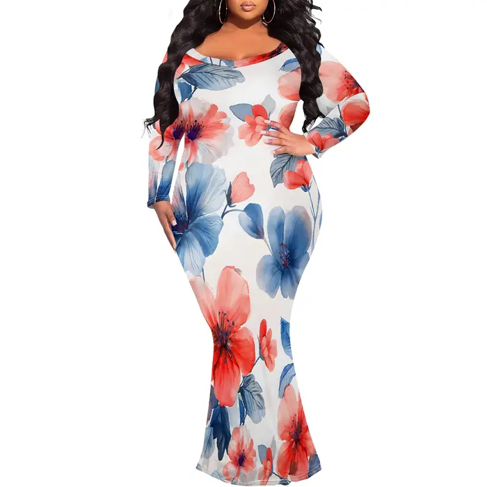 Robe moulante au sol pour femmes, élégante, imprimée, manches longues, tendance, robes de soirée, de