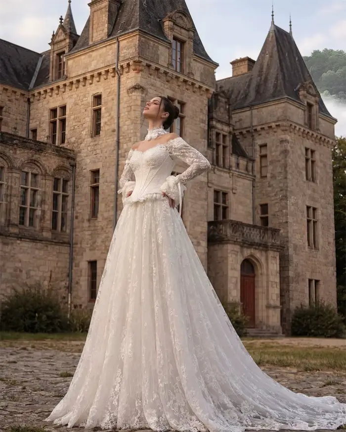 Robe de mariée vintage à épaules dénudées en dentelle
