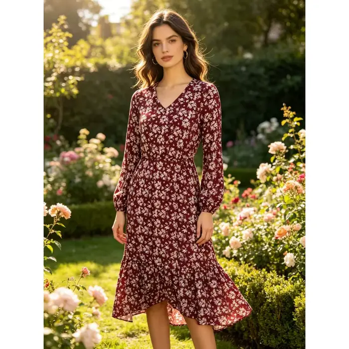 Robe florale bordeaux col en V taille haute avec ourlets à volants pour femmes printemps automne soirée décontractée élégante