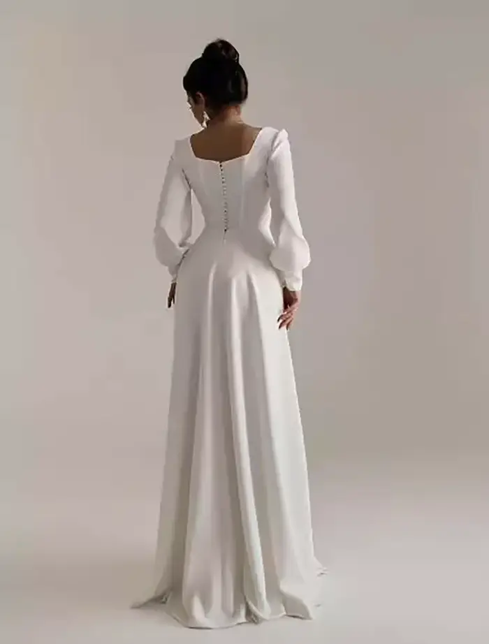 Robe de Mariée Arabe Élégante en Satin Boîteuse à Manches Col Carré Taille Sur Mesure Occasions Spéciales