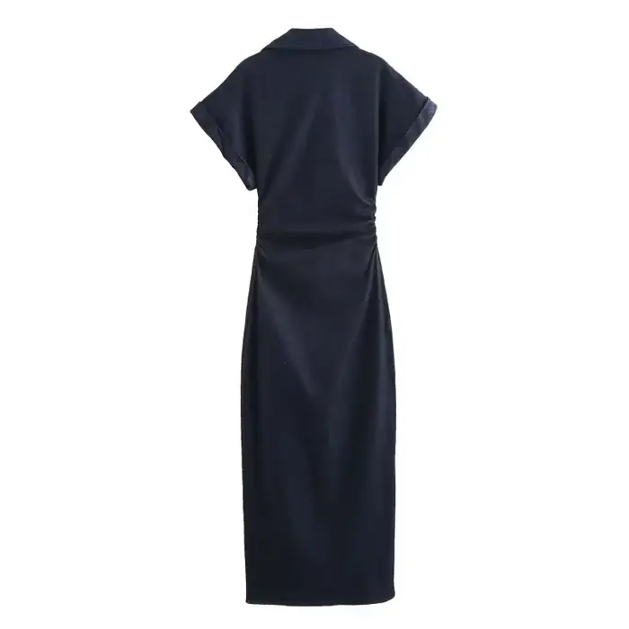 Printemps nouvelle série 1975 denim robe MIDI avec revers côté fermeture éclair mode rides taille mi