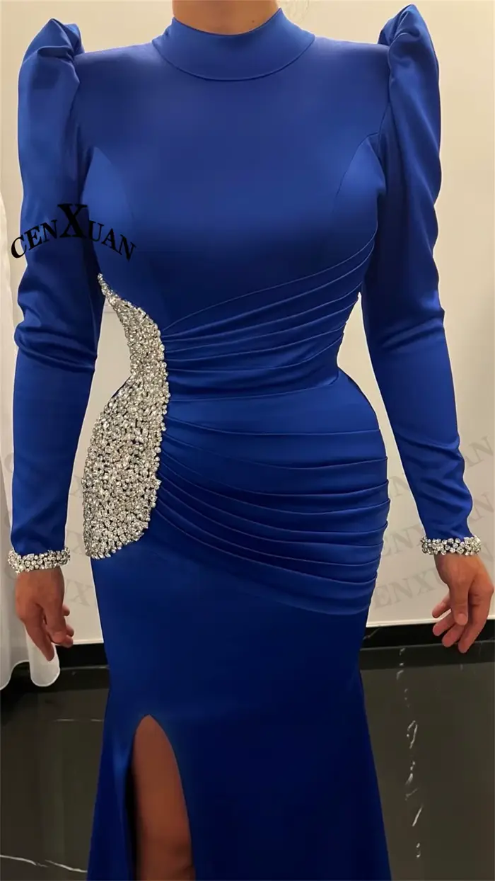 CENXUAN classique sirène robes De soirée 2025 femme avec haute fente strass col haut Satin robe De Formatura personnalisé