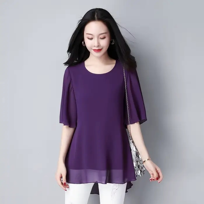 Grande taille été femmes col rond en mousseline de soie Blouse demi manches bureau dame chemise décontractée Feminina Camisas Blusas