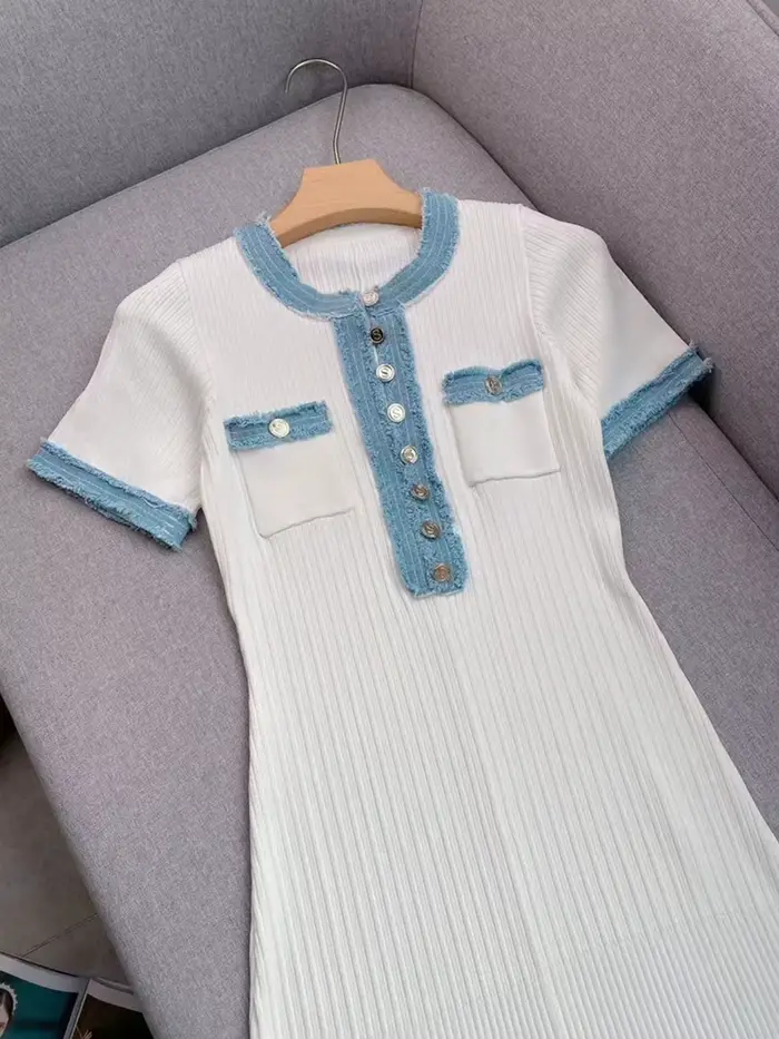 Robe longue élégante en maille contrastante pour femme, chic, col rond, manches courtes, boutons mét