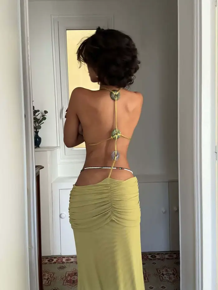 Robe longue bohème à col halter perlée pour femme