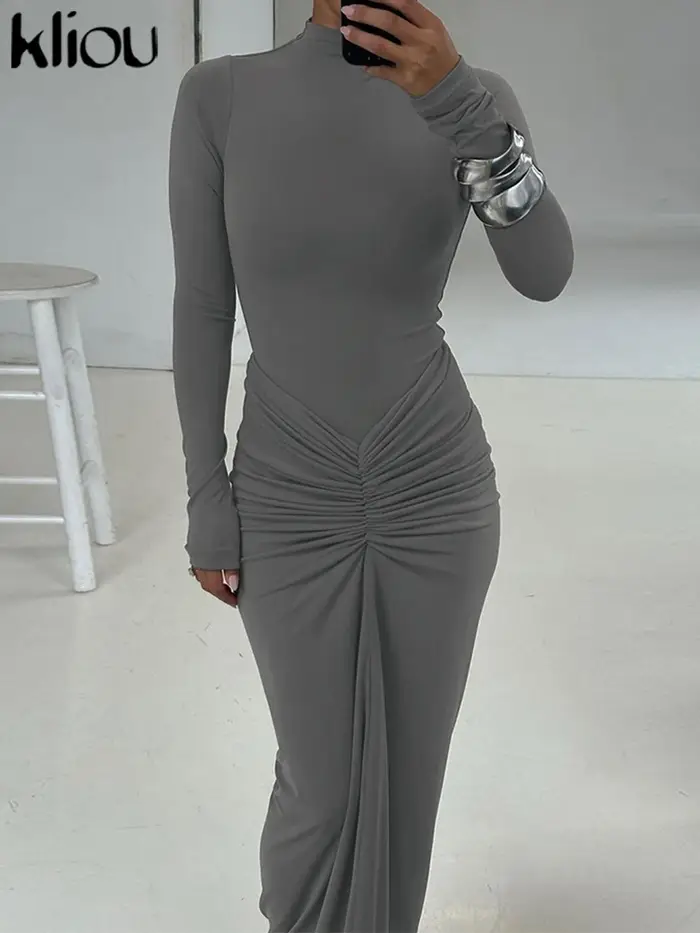 Kliou froncé femmes classique Robe Maxi automne nouveau solide à manches longues col haut moulage du corps robes Mujer
