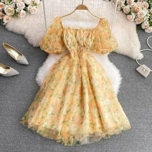 Robe de gâteau Dancing JL Ants imprimé floral chic française pour femmes, col carré, manches courtes bouffantes, silhouette élégante, occassions spéciales