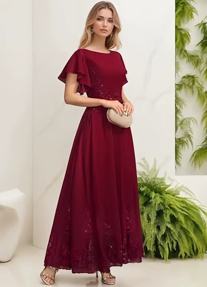 Robe de mère de la mariée en mousseline de soie élégante à col rond pour cérémonies formelles et événements spéciaux