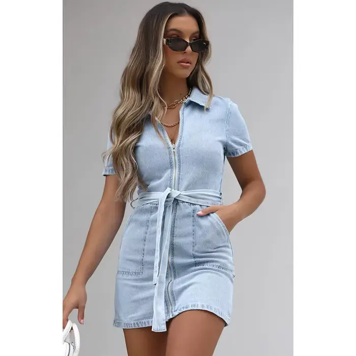 Robe en jean mini vintage col rabattu à lacets poches zippées en détresse été robes streetwear pour femmes occasions spéciales