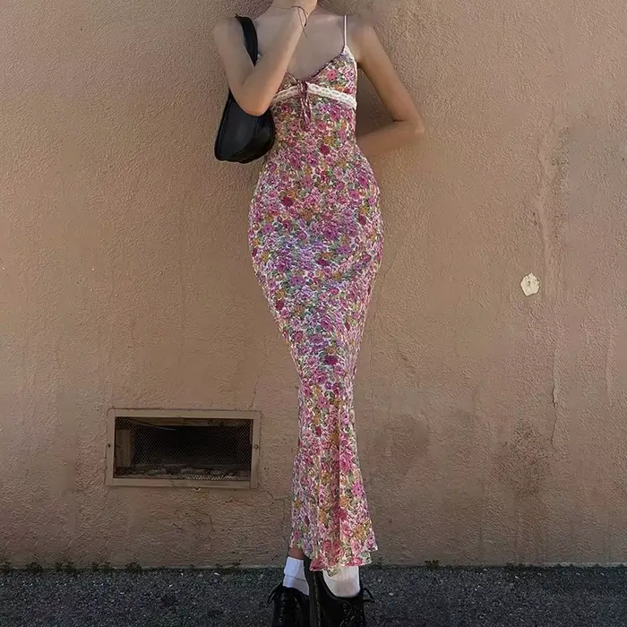 Robe d'été pour femme imprimé floral avec bretelles et dentelle style sexy et doux occassions spéciales femmes années moyennes polyester ajustement confortable