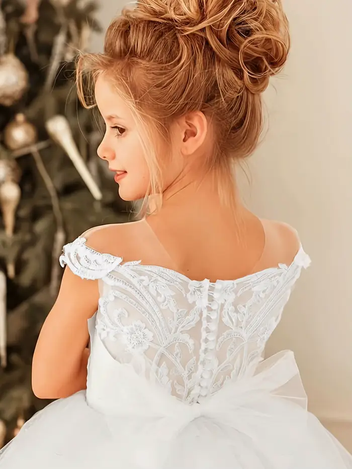 Robe de demoiselle d'honneur blanche en dentelle à épaules dénudées avec traîne pour filles