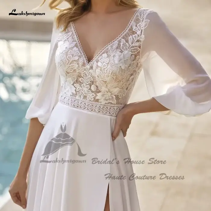 Robe de Mariée Bohème Chic à Manches Bouffantes Élégante à Offrir pour Occasions Spéciales Plage Été 2025