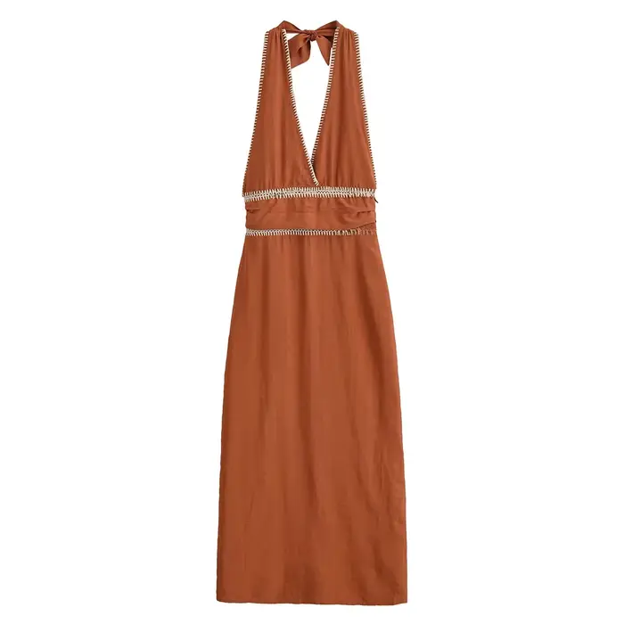 Robe longue brodée Myst&ZR été 2025 pour femme, style vacances, col en V, sans manches, taille class