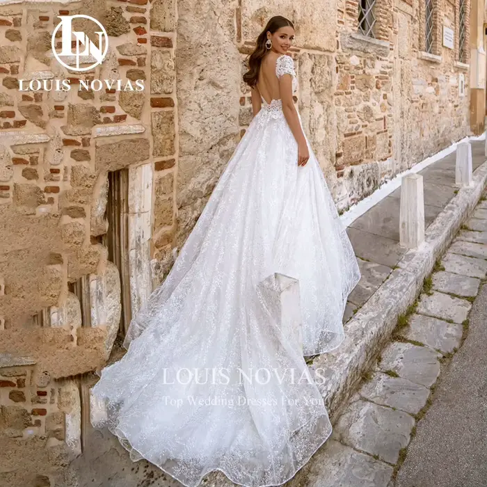 Modis-Robe de mariée A-ligne avec appliques en dentelle perlée délicate