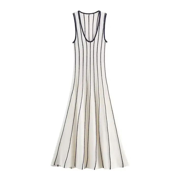 Robe longue tricotée Chic à rayures pour femmes, col rond, sans manches, cintrée à la taille, drapée