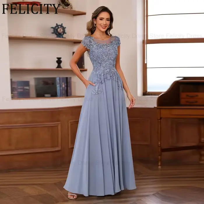 Robe de cérémonie élégante personnalisée Felicity en mousseline de soie pour mère de la mariée, coupe trapèze, col rond, appliques, robe de soirée pour invités de mariage occasions spéciales