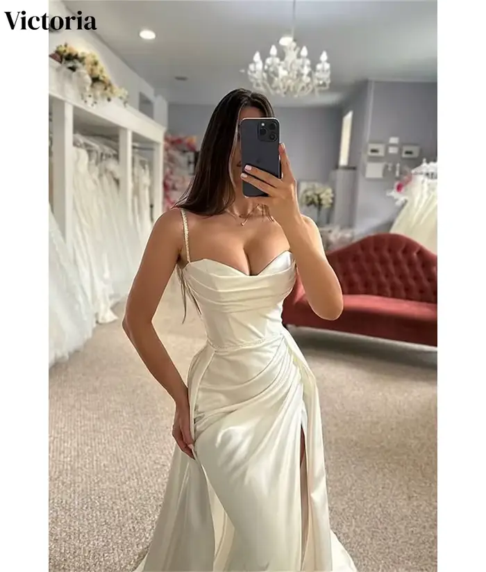 Robe de soirée sirène sexy personnalisée Victoria en satin avec bretelles spaghetti