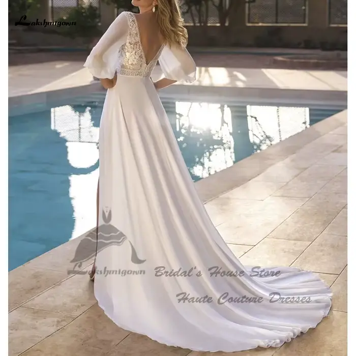 Robe de Mariée Bohème Chic à Manches Bouffantes Élégante à Offrir pour Occasions Spéciales Plage Été 2025
