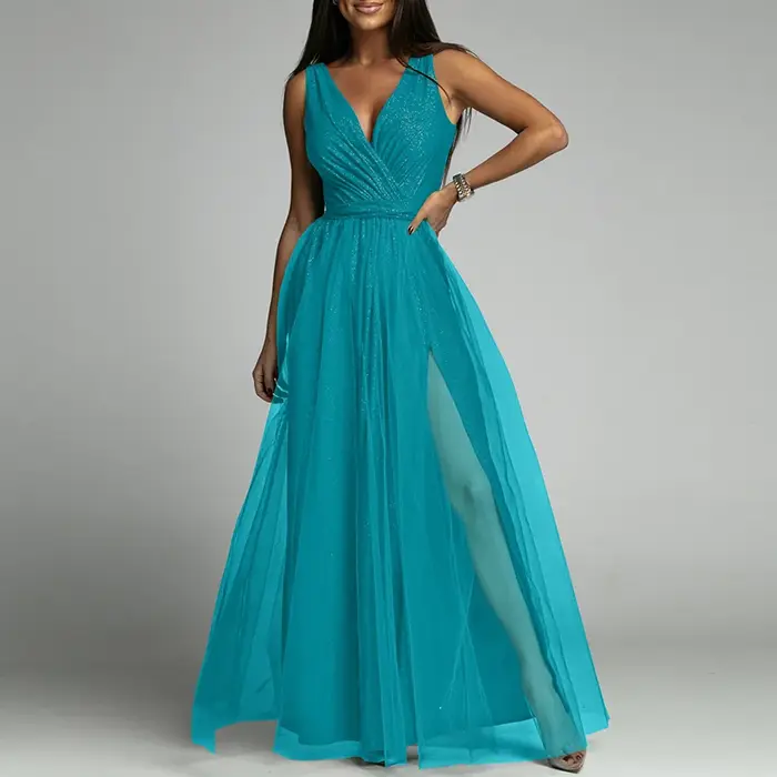 Robe de soirée en dentelle et maille pour femme, tenue de soirée sexy sans manches, maxi plis, col en V, tunique à bande, style bohème, occasions spéciales