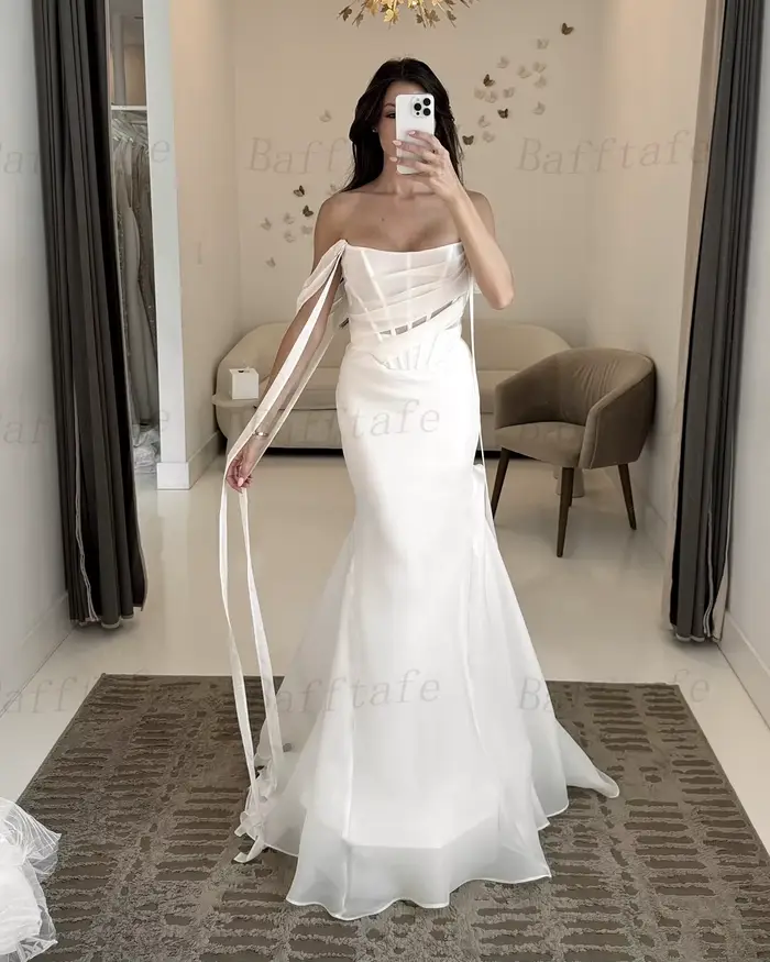 Bafftafe-Robe de Mariée Sirène Longue en Organza pour Femme