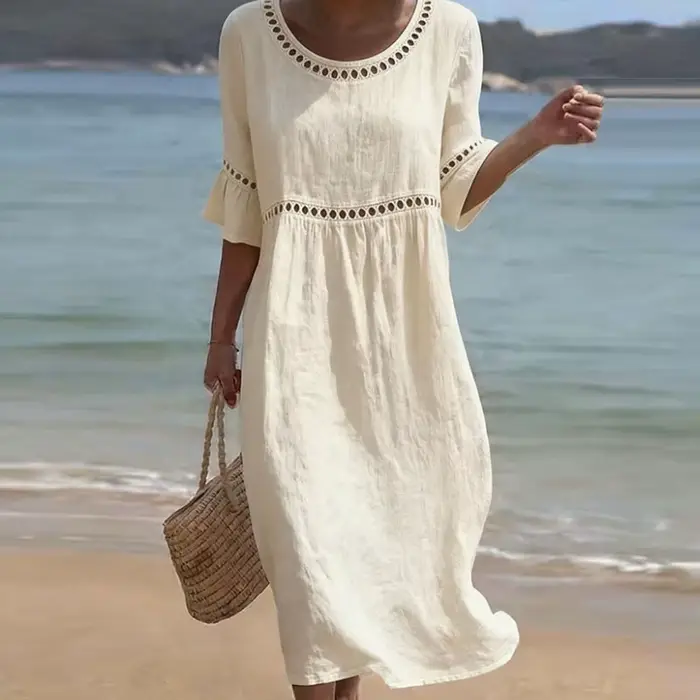 Robe longue chic pour femme à col rond et taille haute, à manches mi-longues, ajourée, unie, pour le