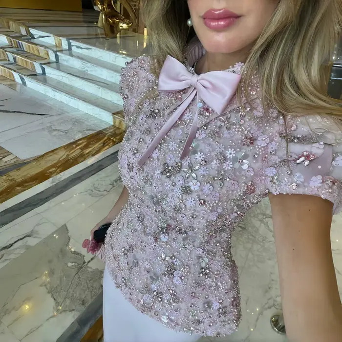 Robe de soirée élégante rose perlée deux pièces à manches courtes Sharon Said, style arabe, pour fem