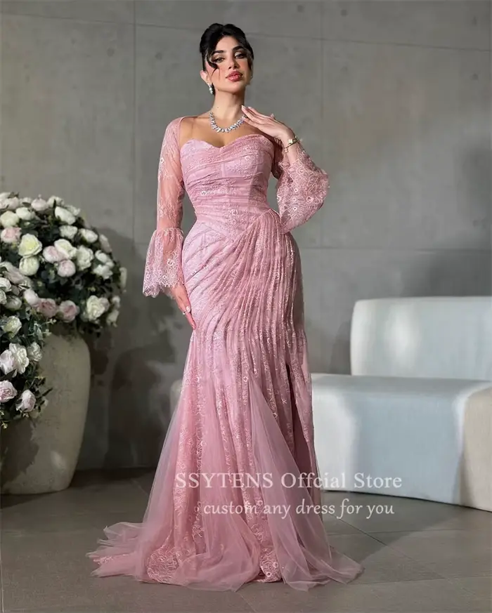SSYTENS saoudien luxe rose robes de soirée sirène pleine dentelle robes de bal de mariage Formais Elegantes dubaï robe de soirée personnalisée