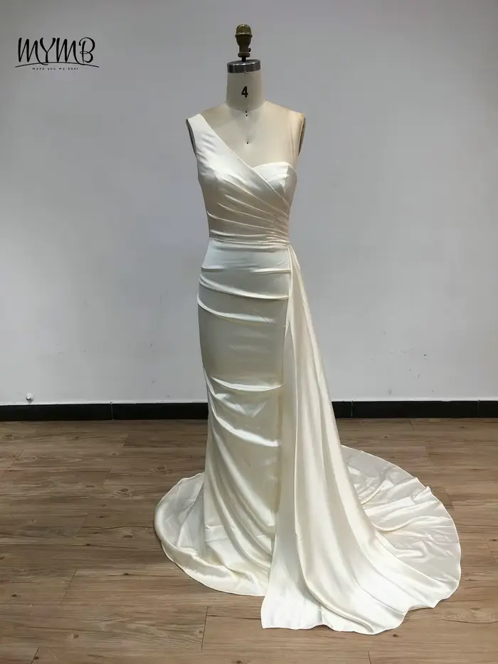MYMB marron une épaule sirène élégante robes de demoiselle d'honneur arabe plissé longue ruban modeste